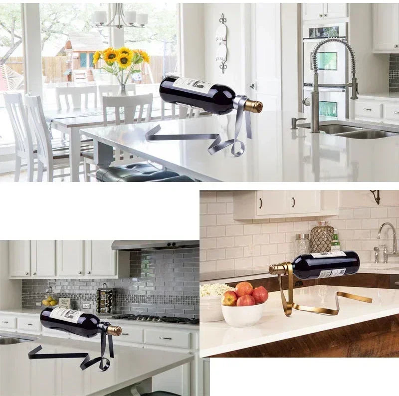 Elegant Floating Ribbon Wine Bottle Holder – Modern Suspended Design for Home and Bar Decor